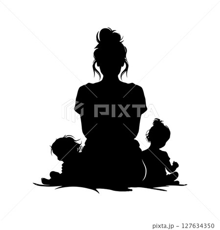 Silhouette of a mother sitting with two children on a white background, symbolizing family, love, and care in a minimalist style 127634350