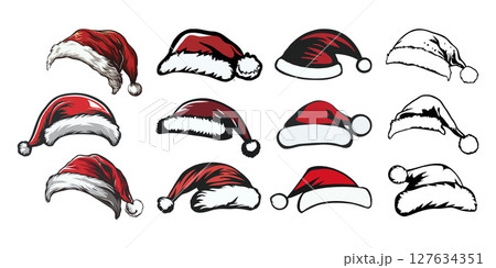 Set of twelve unique hand-drawn Santa hats in different shapes and outlines on a clean white background, symbolizing festive holiday fun 127634351