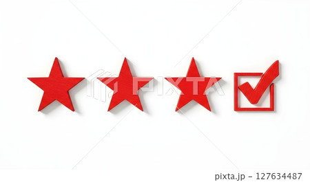Three red stars and one red check mark in a box on white background. Customer review, quality control, approval concept. 127634487