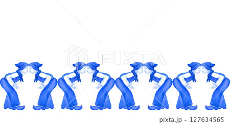 Seamless pattern of two boys in traditional dress kissing. Blue-and-white Delftware style, classic ceramic art for souvenirs, postcards, kitchen decor, nostalgic, romantic 127634565