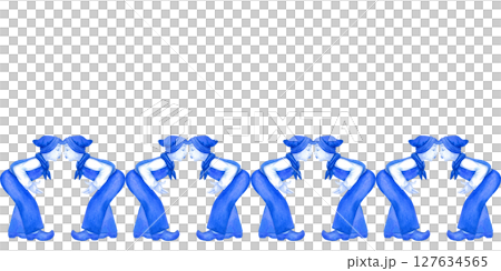 Seamless pattern of two boys in traditional dress kissing. Blue-and-white Delftware style, classic ceramic art for souvenirs, postcards, kitchen decor, nostalgic, romantic 127634565