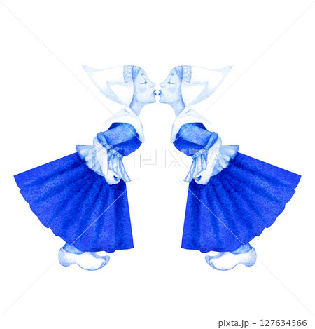Two girls in traditional dress kissing. Blue-and-white Delftware style, classic ceramic art. Perfect for souvenirs, postcards, kitchen decor, or branding with a nostalgic, romantic 127634566