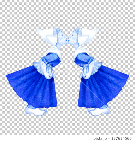 Two girls in traditional dress kissing. Blue-and-white Delftware style, classic ceramic art. Perfect for souvenirs, postcards, kitchen decor, or branding with a nostalgic, romantic 127634566