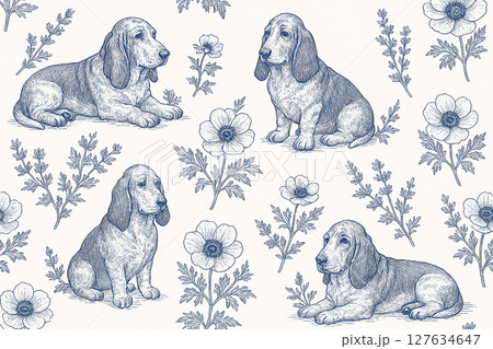 バセットハウンドと草花が描かれた繊細な線画パターン バセットハウンドと草花が描かれた繊細な線画パターン 127634647