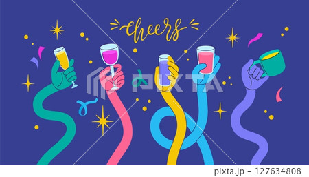 Flexible hands cheers banner. Curved hand holding cup, glass of wine and champagne, beer. Creative positive party poster, drink festival, neoteric vector template Flexible hands cheers banner. Curved hand holding cup, glass of wine and champagne, beer. Creative positive party poster, drink festival, neoteric vector template 127634808