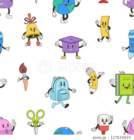 Stationery characters seamless pattern. Groovy retro style book brush scissors backpack. Trendy print for fabric wrapping wallpaper, vector background Stationery characters seamless pattern. Groovy retro style book brush scissors backpack. Trendy print for fabric wrapping wallpaper, vector background 127634824