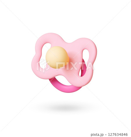 Baby pacifier 3d icon. Isolated realistic pink silicone nipple with plastic details for girl. Newborn accessory, toddler soother for calm, vector element 127634846