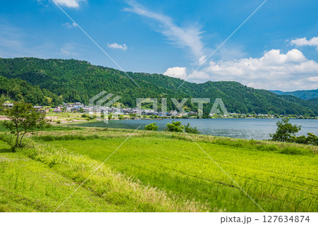 余呉湖畔川並地区の水田風景　滋賀県長浜市余呉町 127634874
