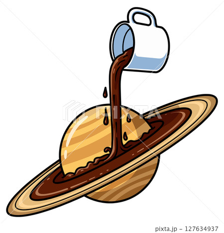 Coffee pouring onto saturn planet illustration vector illustration 127634937