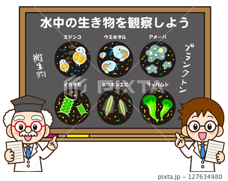 微生物とプランクトンの授業をする博士と助手のイラスト素材 127634980