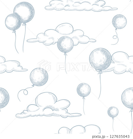 Seamless vector Pattern with Balloons floating among fluffy clouds in light blue outline. Linear drawing for childish background, nursery wallpaper or kids wrapping paper. Etching for baby design. Seamless vector Pattern with Balloons floating among fluffy clouds in light blue outline. Linear drawing for childish background, nursery wallpaper or kids wrapping paper. Etching for baby design. 127635043
