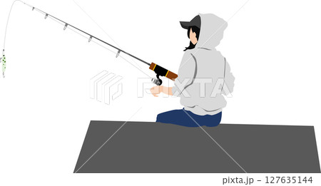 釣りをする女性のシルエットイラスト	 127635144