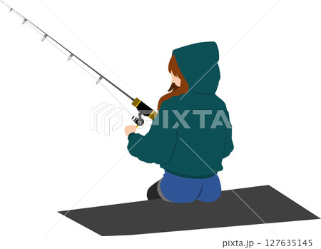 釣りをする女性のシルエットイラスト	 127635145