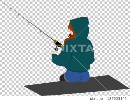 釣りをする女性のシルエットイラスト	 127635145