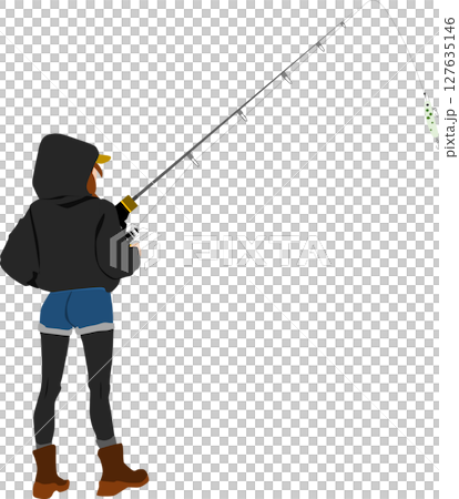 釣りをする女性のシルエットイラスト	 127635146