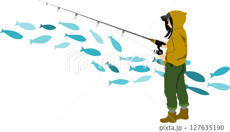 釣りをする女性のシルエットイラスト	 127635190