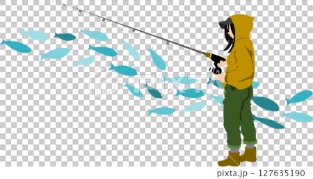 一名婦女在釣魚的剪影插圖 一名婦女在釣魚的剪影插圖 127635190