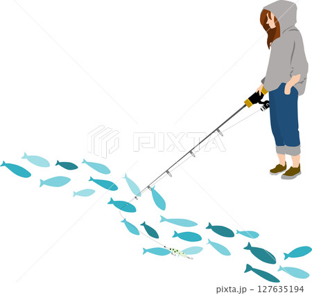 釣りをする女性のシルエットイラスト	 127635194