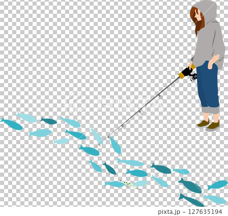 一名婦女在釣魚的剪影插圖 一名婦女在釣魚的剪影插圖 127635194