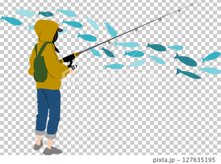 釣りをする女性のシルエットイラスト	 127635195