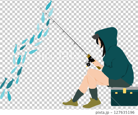 釣りをする女性のシルエットイラスト	 127635196