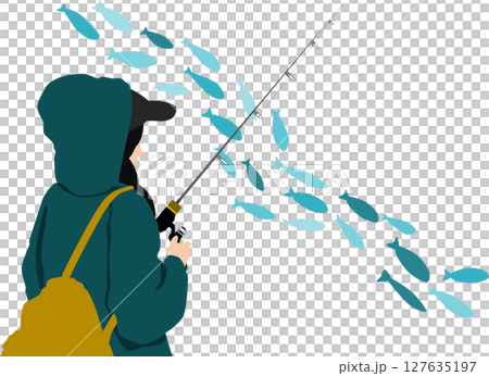 一名婦女在釣魚的剪影插圖 一名婦女在釣魚的剪影插圖 127635197