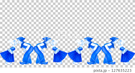 Seamless pattern of boy and girl in traditional clothing sharing a kiss. Blue-and-white Delftware style, classic ceramic art for souvenirs, postcards, kitchen decor, nostalgic, romantic 127635223