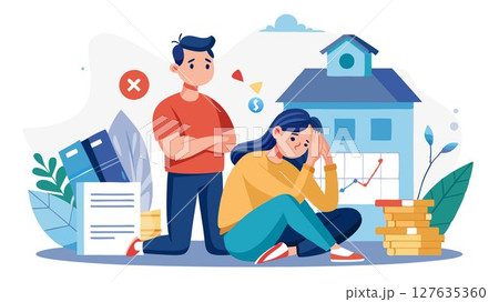 The weight of unpaid bills is palpable in this image, depicting a couple grappling with the emotional and mental strain of financial hardship. 127635360