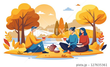 Bathed in the golden light of autumn, friends share a tranquil moment, sipping tea and enjoying the peaceful ambiance of a woodland picnic near a river, with a blurred background. 127635361