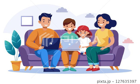 This image beautifully captures a family's shared joy and connection, as they relax on a sofa, using a laptop for entertainment or communication, strengthening their bond. 127635397