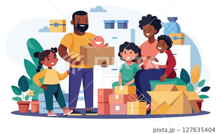 This image beautifully captures the warmth and joy of a Black family settling into their new home, unpacking boxes and creating a space filled with love and happiness. 127635404