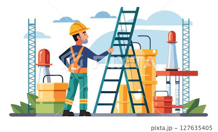 This image captures the dedication and precision required for industrial work: a worker carefully ascends a vertical ladder within a petroleum refinery plant, emphasizing safety. 127635405