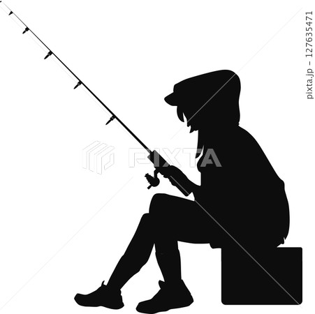 釣りをする女性のシルエットイラスト	 127635471