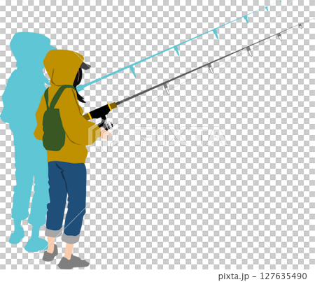 一名婦女在釣魚的剪影插圖 一名婦女在釣魚的剪影插圖 127635490