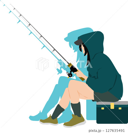 釣りをする女性のシルエットイラスト	 127635491