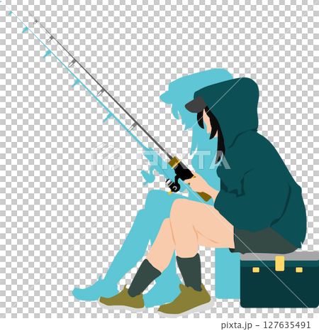 釣りをする女性のシルエットイラスト	 127635491