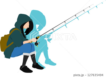 釣りをする女性のシルエットイラスト	 127635494