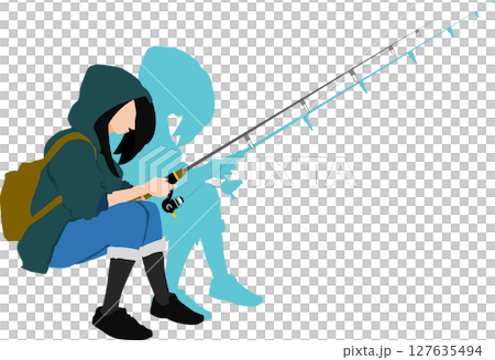 釣りをする女性のシルエットイラスト	 127635494