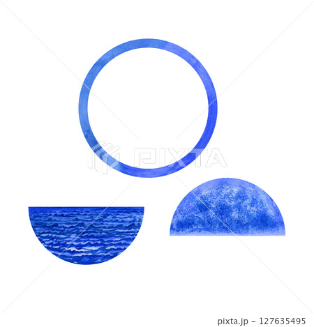 Set for seascape evening in a round frame in a blue-and-white Delftware style for souvenirs, postcards, kitchen decor, nostalgic, romantic 127635495