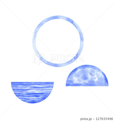 Set for seascape daytime in a round frame in a blue-and-white Delftware style for souvenirs, postcards, kitchen decor, nostalgic, romantic 127635496
