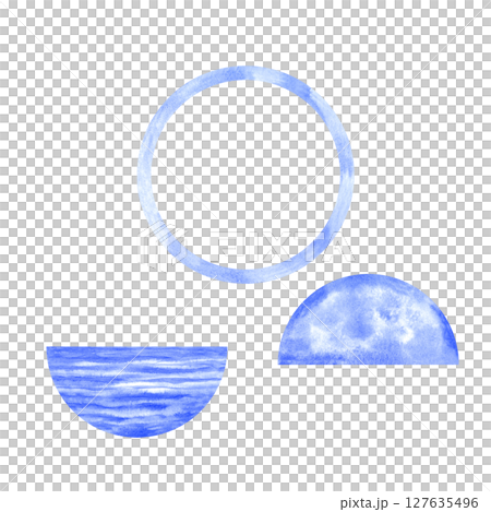 Set for seascape daytime in a round frame in a blue-and-white Delftware style for souvenirs, postcards, kitchen decor, nostalgic, romantic 127635496