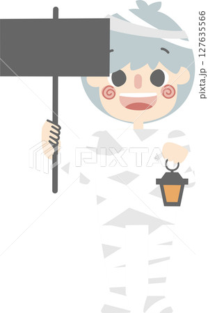 happy halloween holiday festival with boy wearing mummy costume holding blank sign, flat png illustration cartoon character design happy halloween holiday festival with boy wearing mummy costume holding blank sign, flat png illustration cartoon character design 127635566