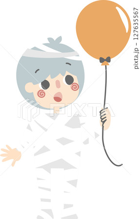 happy halloween holiday festival with boy wearing mummy costume holding balloon, flat png illustration cartoon character design 127635567