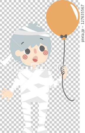 happy halloween holiday festival with boy wearing mummy costume holding balloon, flat png illustration cartoon character design 127635567