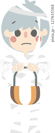 happy halloween holiday festival with boy wearing mummy costume holding pumpkin basket, flat png illustration cartoon character design 127635568