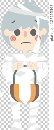happy halloween holiday festival with boy wearing mummy costume holding pumpkin basket, flat png illustration cartoon character design 127635568