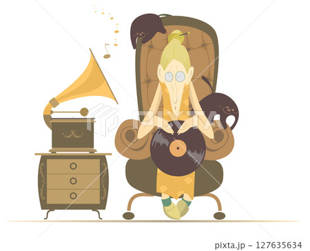 Old woman listens to a record on the old record player. Funny old woman sitting in an armchair and listening to a long playing record on the vintage record player. Isolated on white background Old woman listens to a record on the old record player. Funny old woman sitting in an armchair and listening to a long playing record on the vintage record player. Isolated on white background 127635634