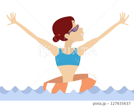 Swimming young woman with lifebuoy. Cartoon swimmer woman with lifebuoy. Summer. Resort. Recreation on the water 127635637