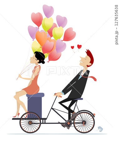 Happy young couple rides a bicycle. Happy lovers characters. Happy young man and young woman with air balloons in the hand ride a bicycle. Isolated on white background 127635638