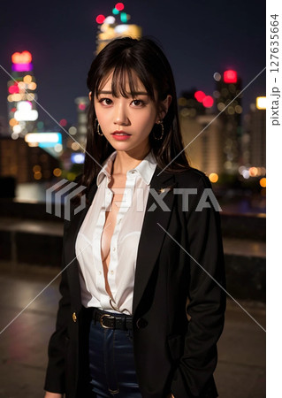 夜の街を歩く女性 127635664